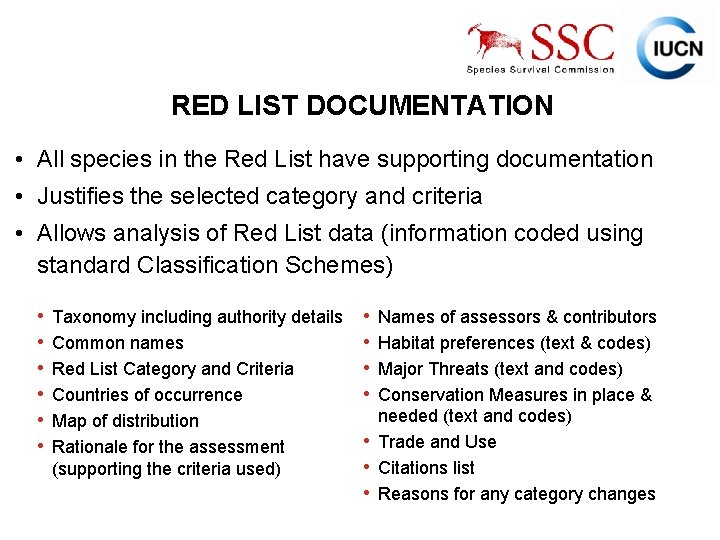 RED LIST DOCUMENTATION • All species in the Red List have supporting documentation •