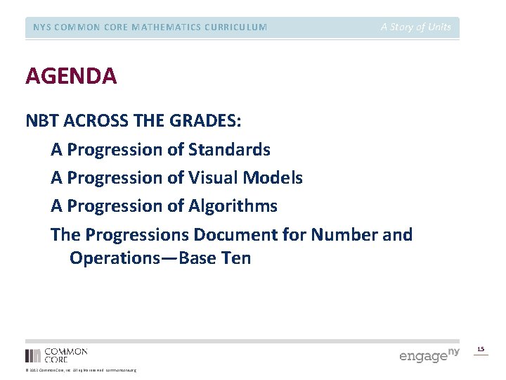 NYS COMMON CORE MATHEMATICS CURRICULUM A Story of Units AGENDA NBT ACROSS THE GRADES: