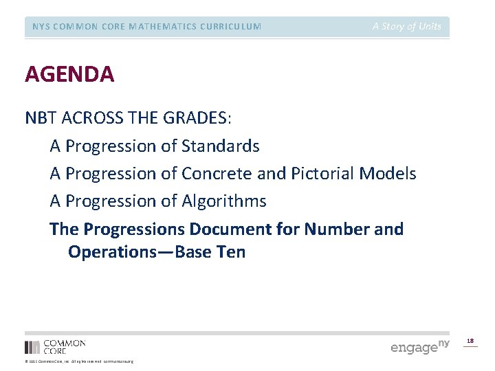 NYS COMMON CORE MATHEMATICS CURRICULUM A Story of Units AGENDA NBT ACROSS THE GRADES: