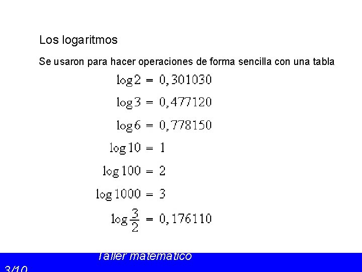 Los logaritmos Se usaron para hacer operaciones de forma sencilla con una tabla Taller
