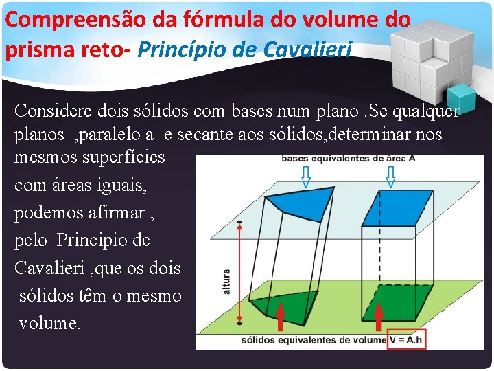 Compreensão da fórmula do volume do prisma reto- Princípio de Cavalieri Considere dois sólidos