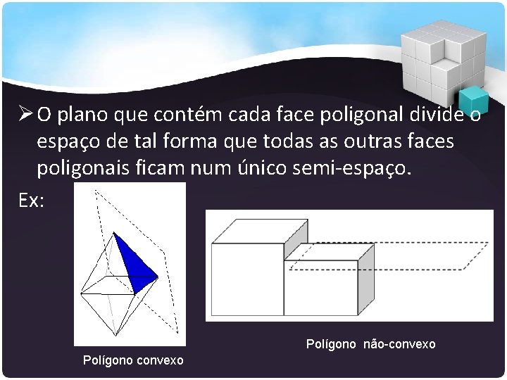 Ø O plano que contém cada face poligonal divide o espaço de tal forma