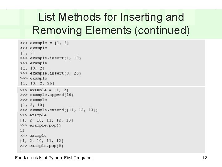 List Methods for Inserting and Removing Elements (continued) Fundamentals of Python: First Programs 12