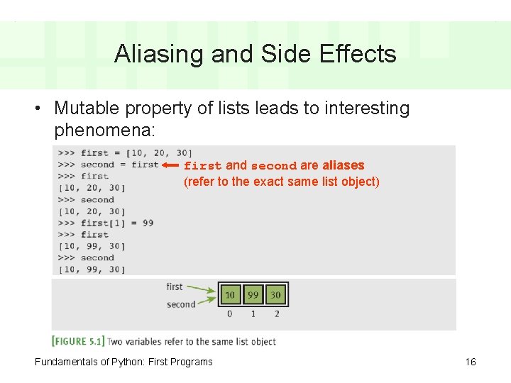 Aliasing and Side Effects • Mutable property of lists leads to interesting phenomena: first