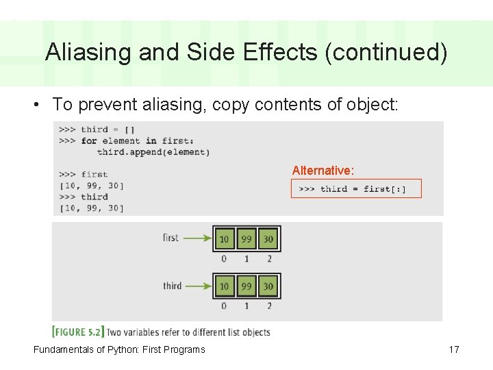 Aliasing and Side Effects (continued) • To prevent aliasing, copy contents of object: Alternative: