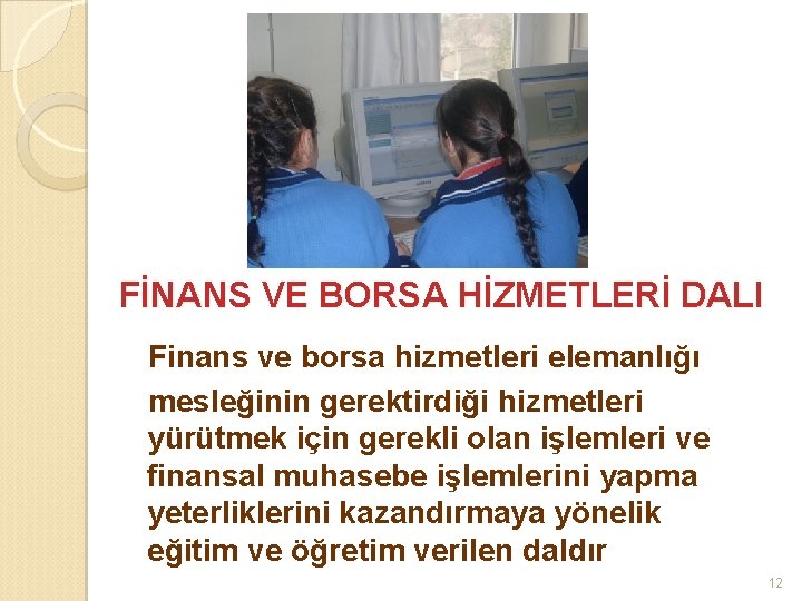 FİNANS VE BORSA HİZMETLERİ DALI Finans ve borsa hizmetleri elemanlığı mesleğinin gerektirdiği hizmetleri yürütmek