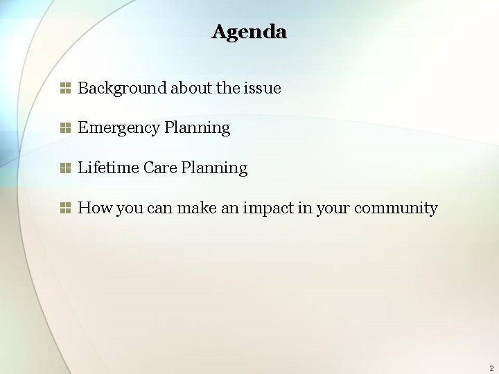 Agenda Background about the issue Emergency Planning Lifetime Care Planning How you can make