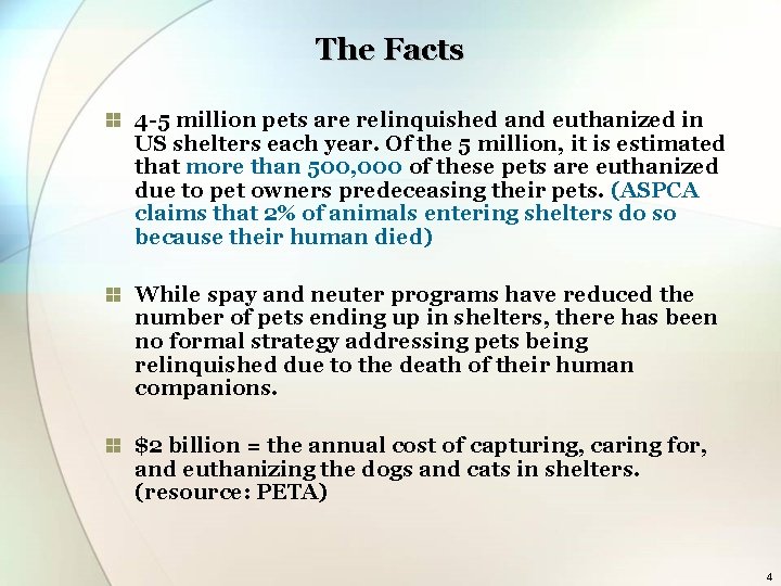 The Facts 4 -5 million pets are relinquished and euthanized in US shelters each