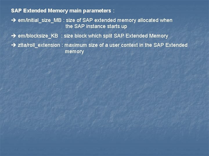 SAP Extended Memory main parameters : em/initial_size_MB : size of SAP extended memory allocated