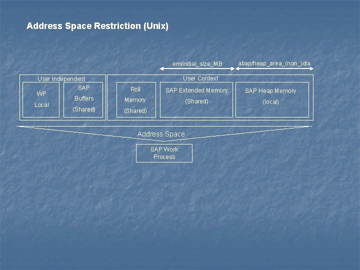 Address Space Restriction (Unix) em/initial_size_MB User Context User Independent WP Local abap/heap_area_(non_)dia SAP Roll