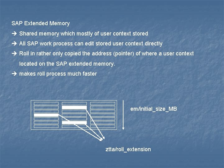 SAP Extended Memory Shared memory which mostly of user context stored All SAP work