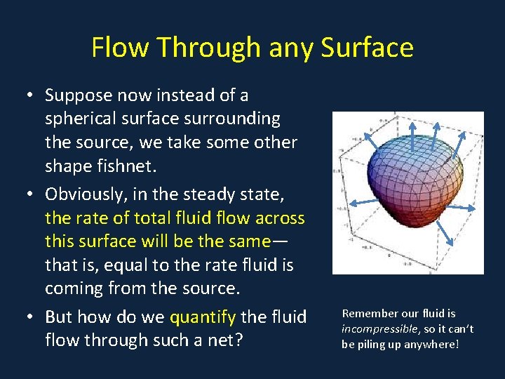 Flow Through any Surface • Suppose now instead of a spherical surface surrounding the