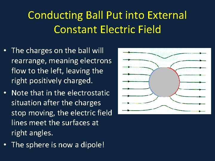 Conducting Ball Put into External Constant Electric Field • The charges on the ball