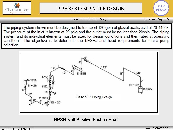 PIPE SYSTEM SIMPLE DESIGN Case 5. 03 Piping Design Section 5 -p 155 NPSH