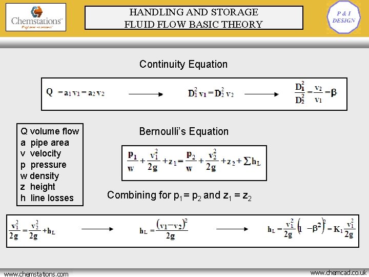 HANDLING AND STORAGE FLUID FLOW BASIC THEORY Continuity Equation Q volume flow a pipe