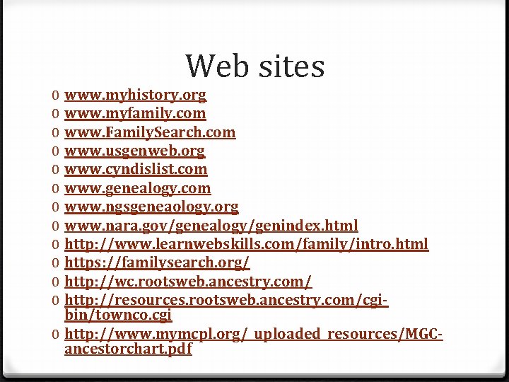 Web sites www. myhistory. org www. myfamily. com www. Family. Search. com www. usgenweb.