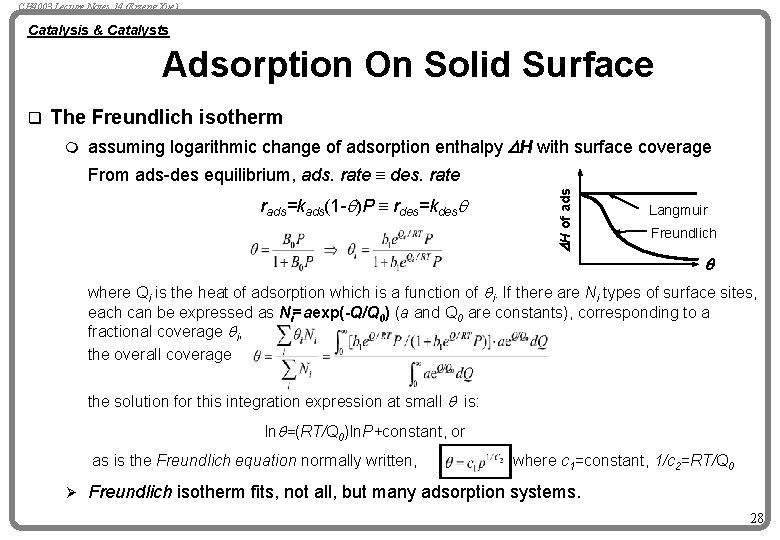 CH 4003 Lecture Notes 14 (Erzeng Xue) Catalysis & Catalysts Adsorption On Solid Surface