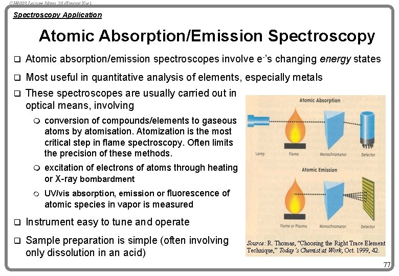 CH 4003 Lecture Notes 20 (Erzeng Xue) Spectroscopy Application Atomic Absorption/Emission Spectroscopy q Atomic