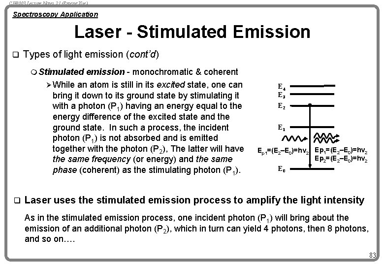 CH 4003 Lecture Notes 21 (Erzeng Xue) Spectroscopy Application Laser - Stimulated Emission q