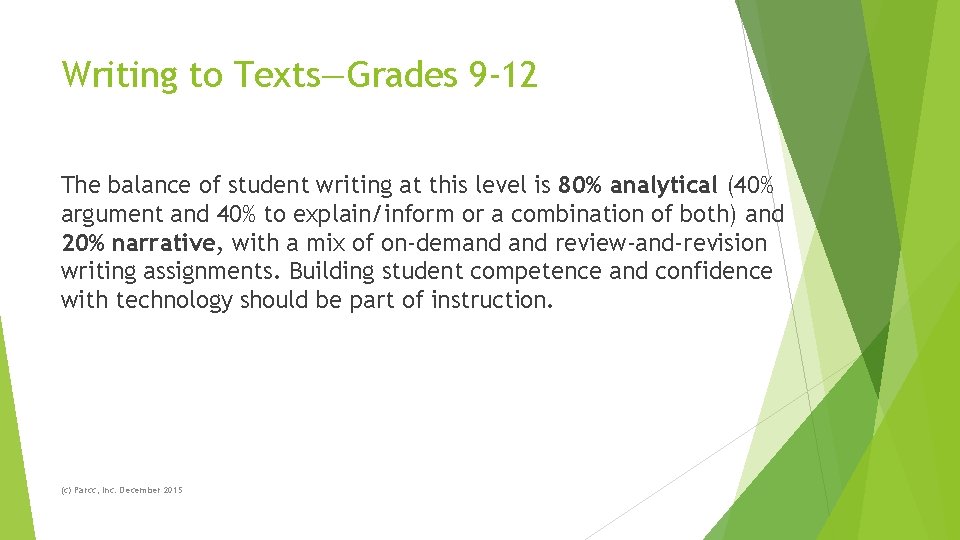 Writing to Texts—Grades 9 -12 The balance of student writing at this level is