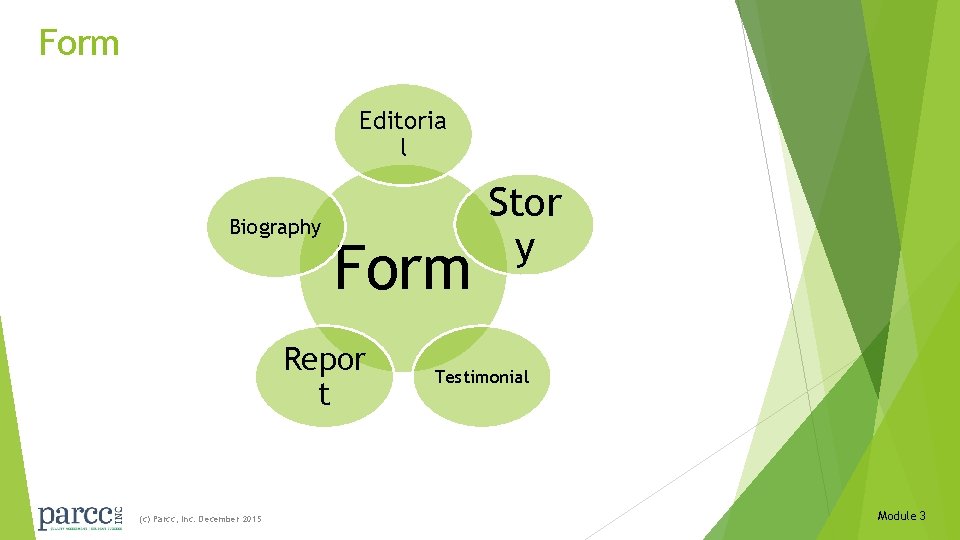 Form Editoria l Biography Form Repor t (c) Parcc, Inc. December 2015 Stor y