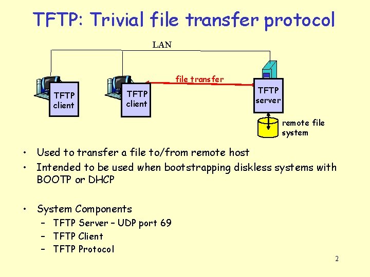 TFTP: Trivial file transfer protocol LAN file transfer TFTP client TFTP server remote file