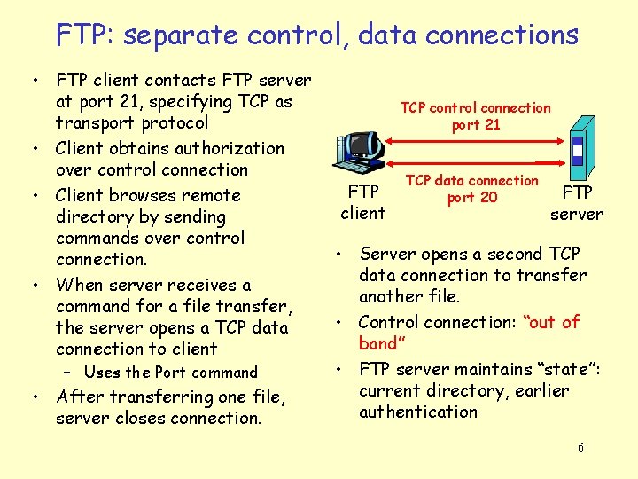 FTP: separate control, data connections • FTP client contacts FTP server at port 21,