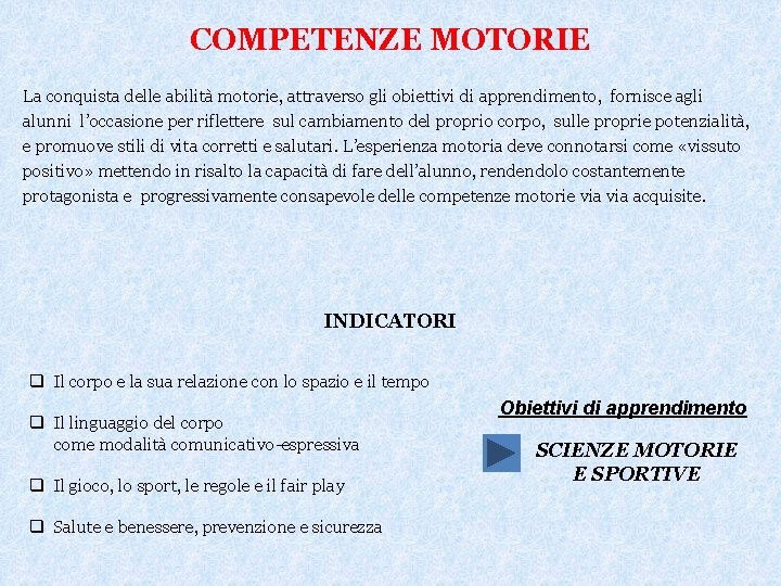 COMPETENZE MOTORIE La conquista delle abilità motorie, attraverso gli obiettivi di apprendimento, fornisce agli