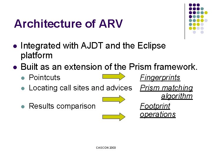 Architecture of ARV l l Integrated with AJDT and the Eclipse platform Built as