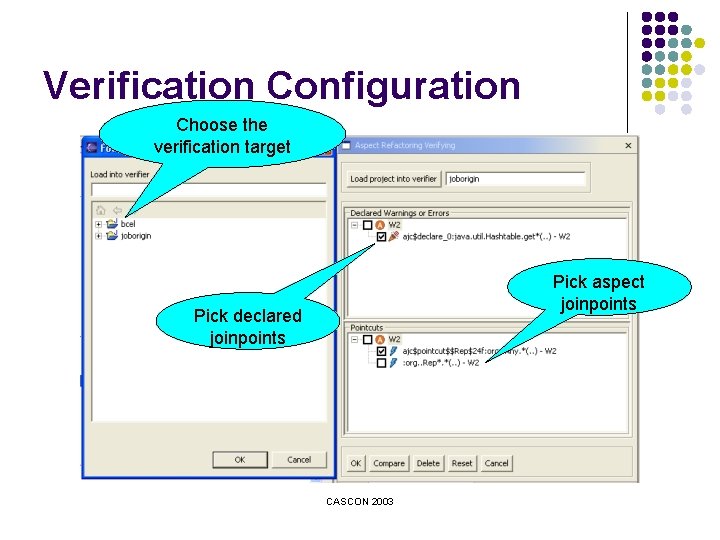 Verification Configuration Choose the verification target Pick aspect joinpoints Pick declared joinpoints CASCON 2003