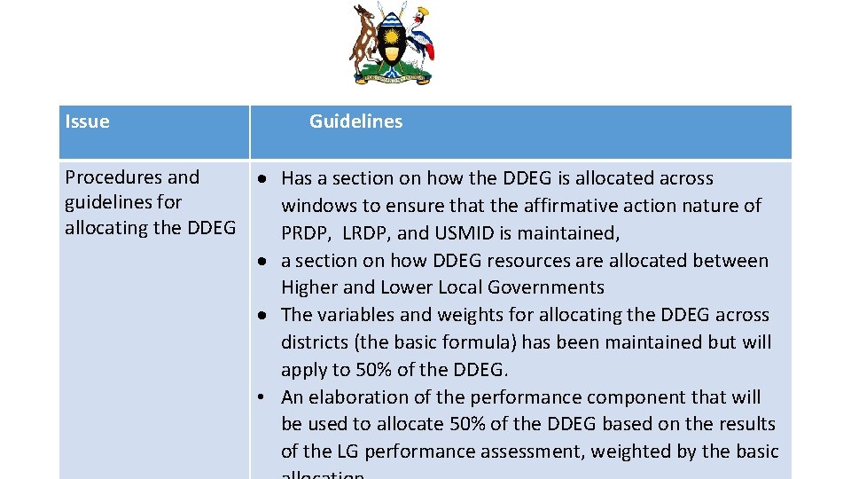 Issue Guidelines Procedures and Has a section on how the DDEG is allocated across