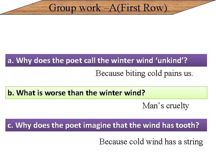 Group work –A(First Row) a. Why does the poet call the winter wind ‘unkind’?