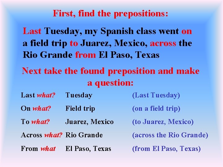 First, find the prepositions: Last Tuesday, my Spanish class went on a field trip