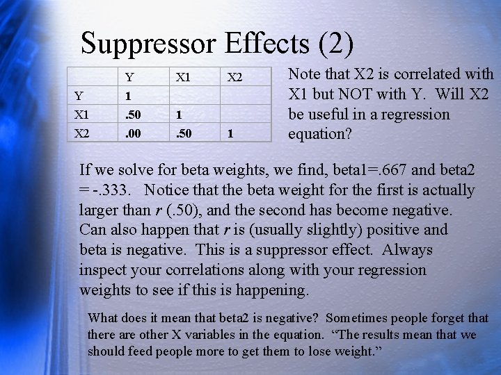 Suppressor Effects (2) Y X 1 X 2 Y 1. 50. 00 X 1 Suppressor Effects (2) Y X 1 X 2 Y 1. 50. 00 X 1