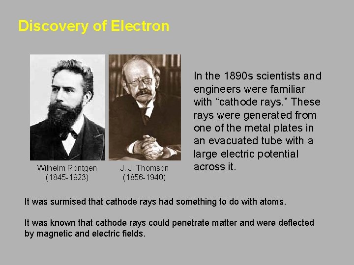 Discovery of Electron Wilhelm Röntgen (1845 -1923) J. J. Thomson (1856 -1940) In the