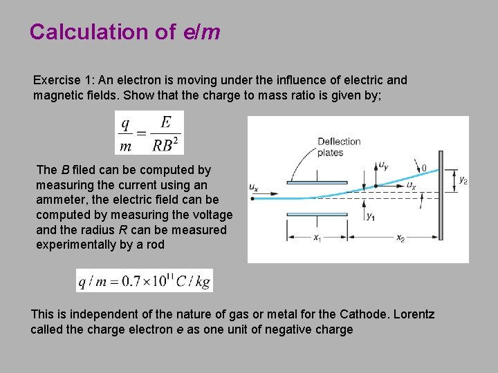 Calculation of e/m Exercise 1: An electron is moving under the influence of electric