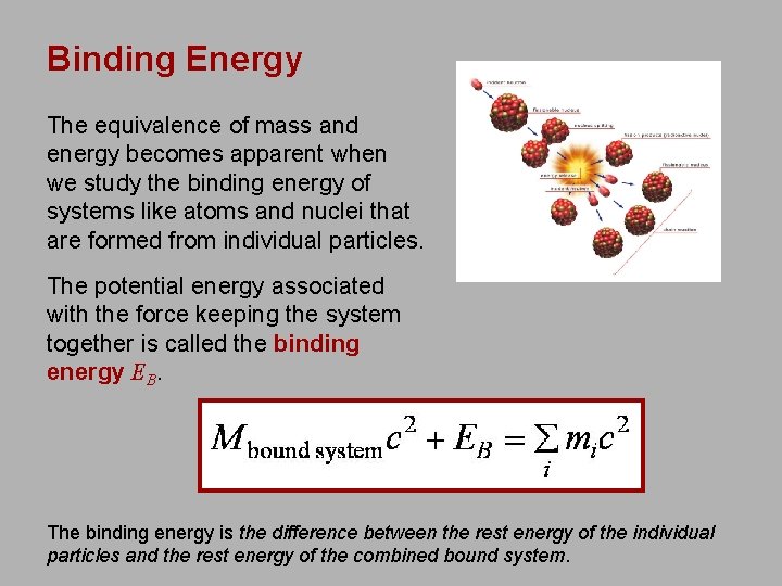 Binding Energy The equivalence of mass and energy becomes apparent when we study the