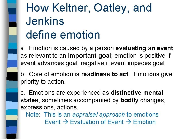 How Keltner, Oatley, and Jenkins define emotion a. Emotion is caused by a person