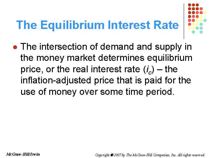 The Equilibrium Interest Rate l The intersection of demand supply in the money market