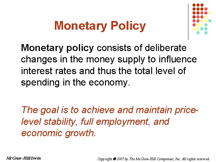 Monetary Policy Monetary policy consists of deliberate changes in the money supply to influence