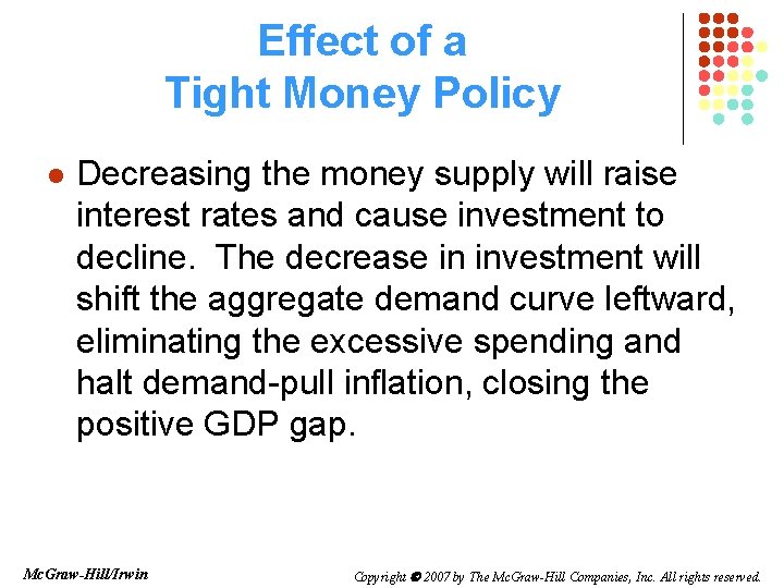 Effect of a Tight Money Policy l Decreasing the money supply will raise interest