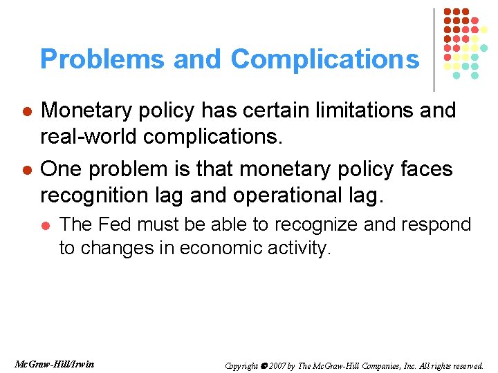 Problems and Complications l l Monetary policy has certain limitations and real-world complications. One
