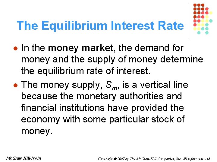 The Equilibrium Interest Rate l l In the money market, the demand for money