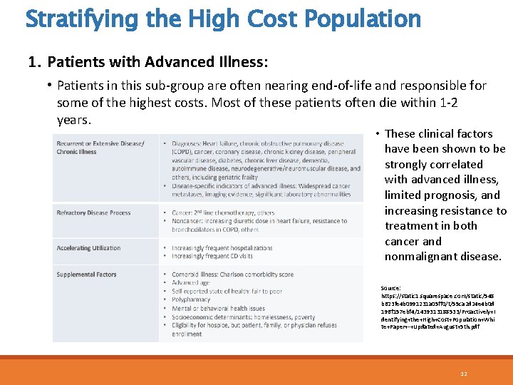 Stratifying the High Cost Population 1. Patients with Advanced Illness: • Patients in this