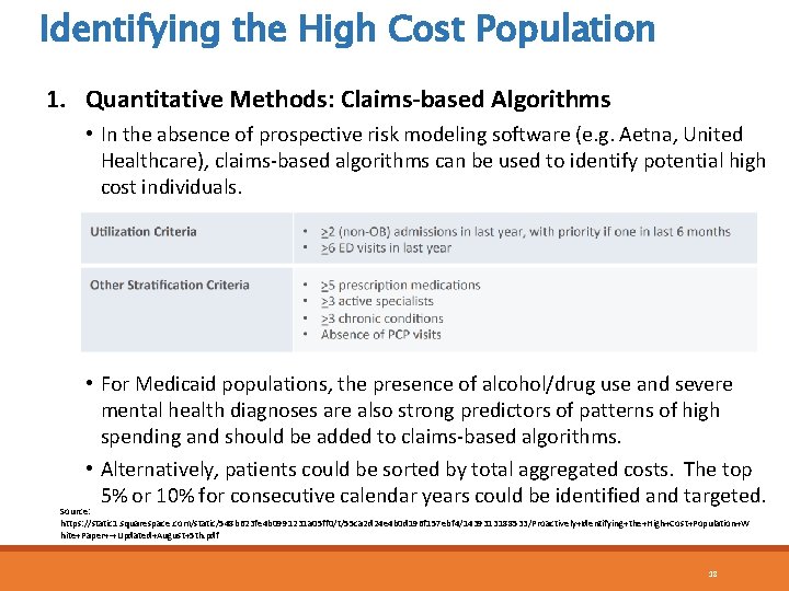 Identifying the High Cost Population 1. Quantitative Methods: Claims-based Algorithms • In the absence