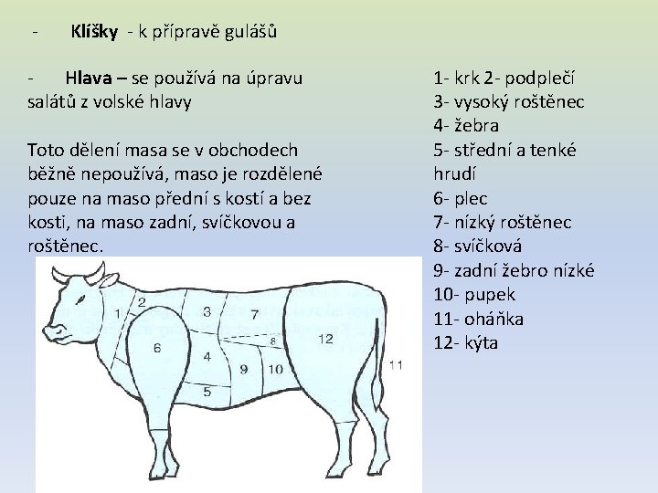 - Klíšky - k přípravě gulášů - Hlava – se používá na úpravu salátů