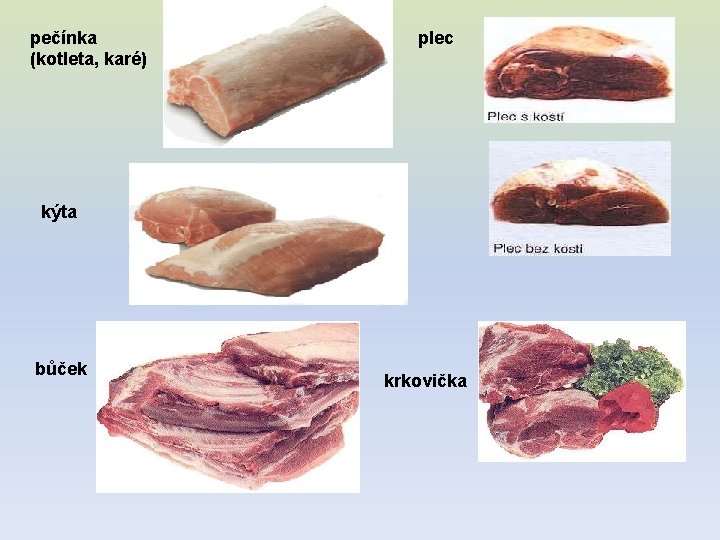 pečínka (kotleta, karé) plec kýta bůček krkovička 