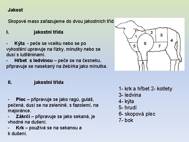 Jakost Skopové maso zařazujeme do dvou jakostních tříd I. jakostní třída - Kýta -