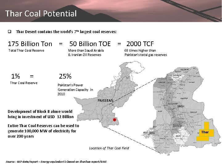 Thar Coal Potential q Thar Desert contains the world’s 7 th largest coal reserves: