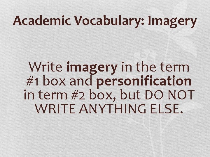 Academic Vocabulary: Imagery Write imagery in the term #1 box and personification in term